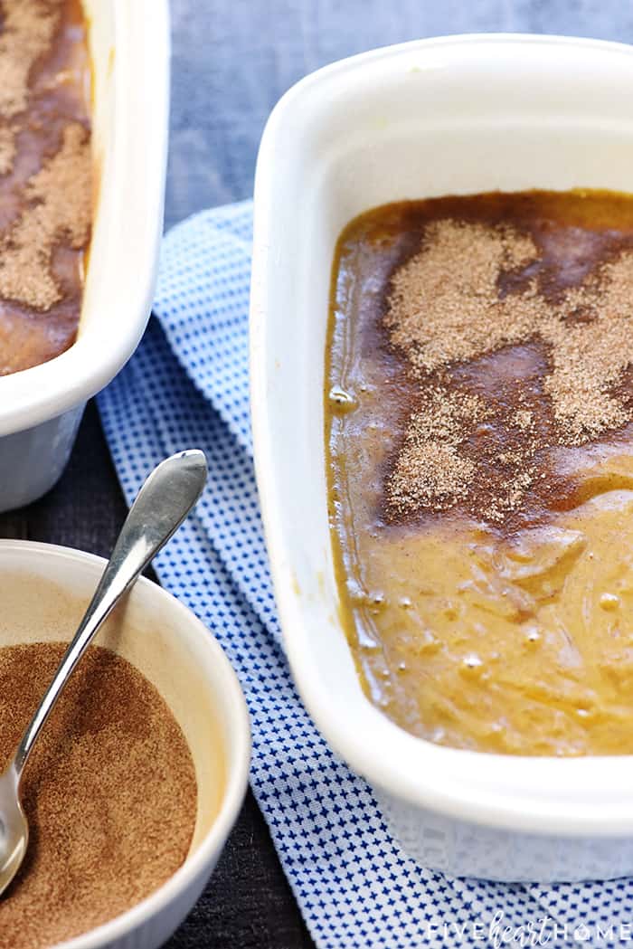 Snickerdoodle Pumpkin Bread ~ a sweet, moist pumpkin bread recipe, swirled and topped with a generous amount of cinnamon sugar, for a delicious fall treat! | FiveHeartHome.com Batter in pans