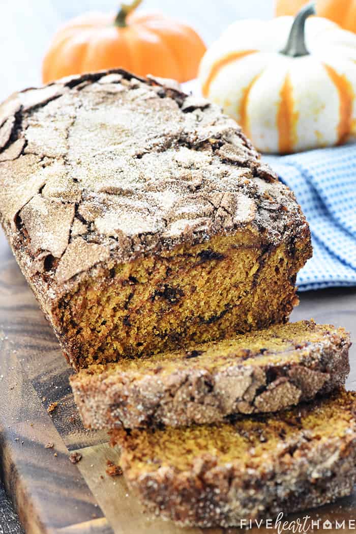 Snickerdoodle Pumpkin Bread ~ a sweet, moist pumpkin bread recipe, swirled and topped with a generous amount of cinnamon sugar, for a delicious fall treat! | FiveHeartHome.com Cinnamon Sugar Pumpkin Bread