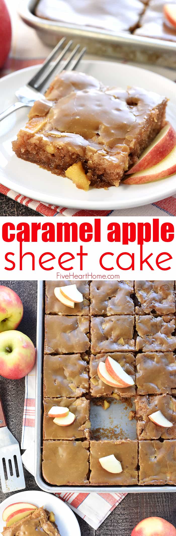 Caramel Apple Cake is a sweet, moist, fall sheet cake loaded with tender apples and topped with a gooey caramel glaze…perfect for feeding a crowd! | FiveHeartHome.com via @fivehearthome