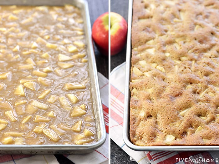 Two-photo collage showing batter in pan and baked cake