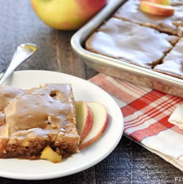 Caramel Apple Sheet Cake ~ a sweet, moist cake loaded with tender apples and topped with gooey caramel glaze...the perfect fall dessert for feeding a crowd! | FiveHeartHome.com