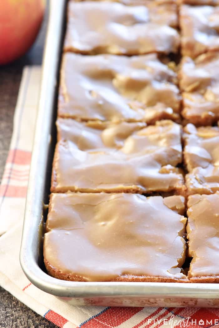 Sliced Caramel Apple Sheet Cake in pan