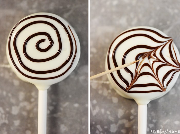 Making a spiderweb out of melted chocolate