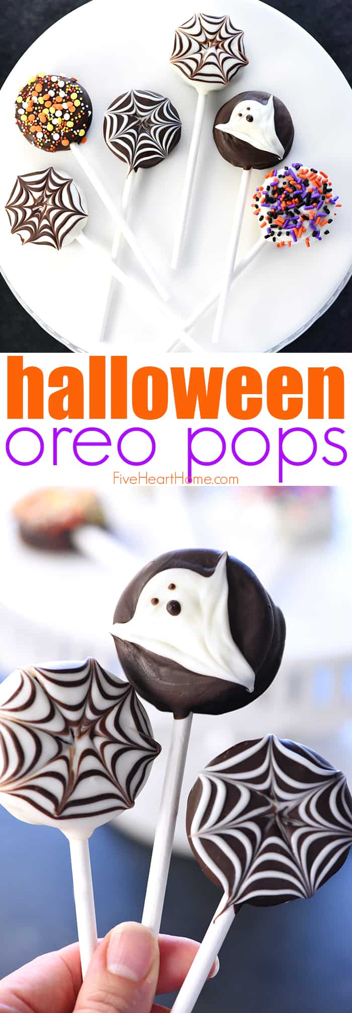 Halloween Oreo Pops ~ cute, yummy, and fun to make with the kids, featuring spiderwebs, ghosts, and (of course!) colorful sprinkles! | FiveHeartHome.com via @fivehearthome