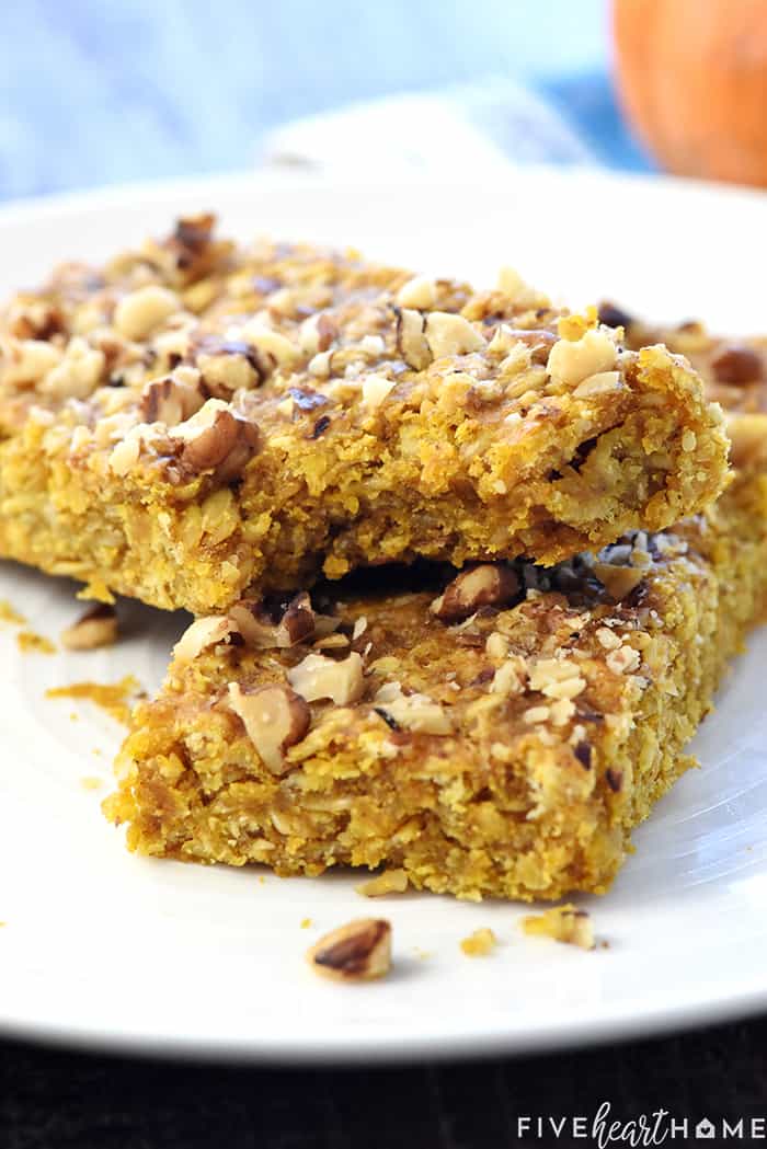 Healthy Pumpkin Breakfast Bars with Bite Taken Out