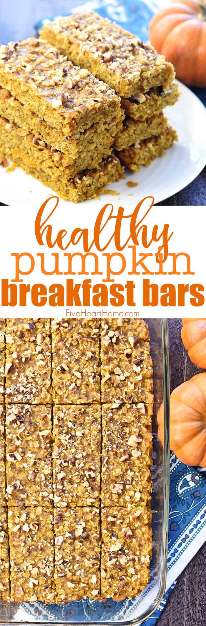 Healthy Pumpkin Breakfast Bars ~ soft-baked, chewy, and loaded with wholesome ingredients like oats, coconut oil, & honey for a grab-n-go breakfast or snack! | FiveHeartHome.com via @fivehearthome