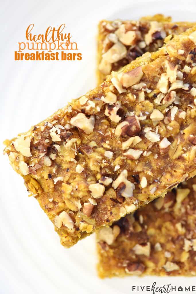 Two healthy Pumpkin Breakfast Bars stacked.