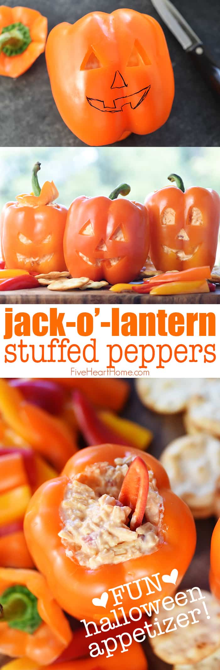 Jack-o'-Lantern Stuffed Peppers ~ as simple as carving orange bell peppers and filling with pimento cheese dip for a fun and festive Halloween appetizer! | FiveHeartHome.com via @fivehearthome