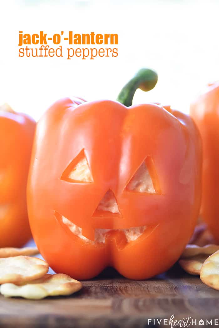 Jack-o'-Lantern Stuffed Peppers Recipe with Text Overlay 