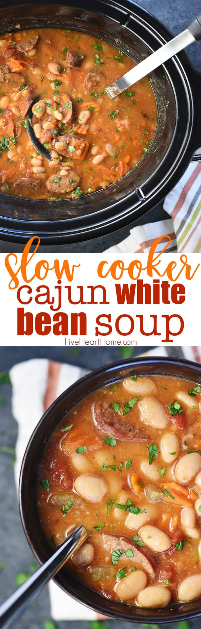 Cajun Bean Soup ~ a cozy slow cooker recipe loaded with white beans, andouille sausage, veggies, and a flavorful broth to warm you up! | FiveHeartHome.com via @fivehearthome