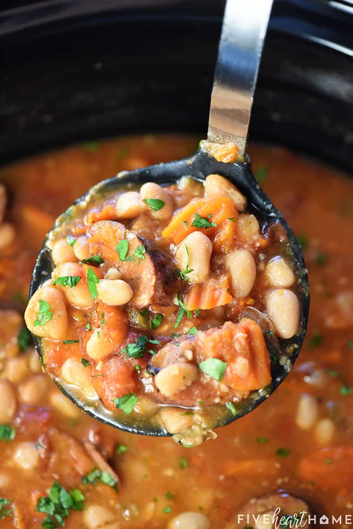 Close-up ladle of Cajun soup.