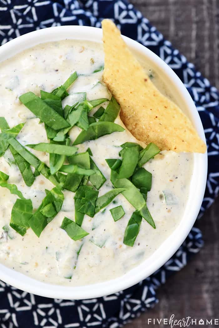 Aerial view of White Queso in a bowl with a chip.