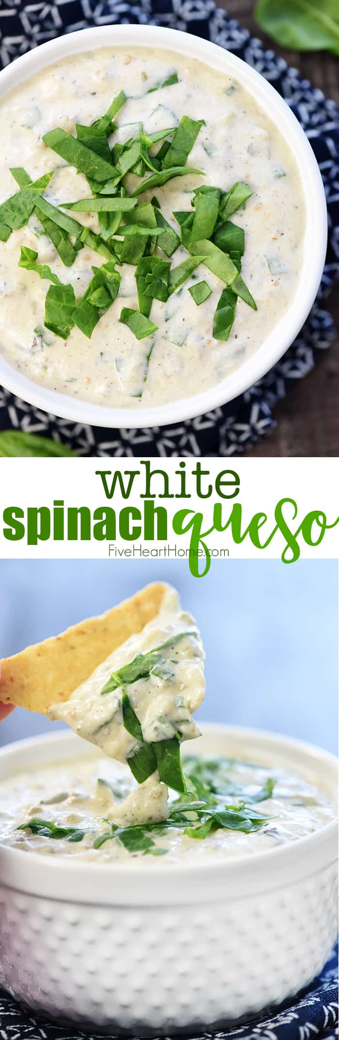 White Spinach Queso ~ a creamy, addictive, effortless dip made with four simple ingredients: cream cheese, Monterey Jack, salsa verde, & fresh chopped spinach! | FiveHeartHome.com via @fivehearthome