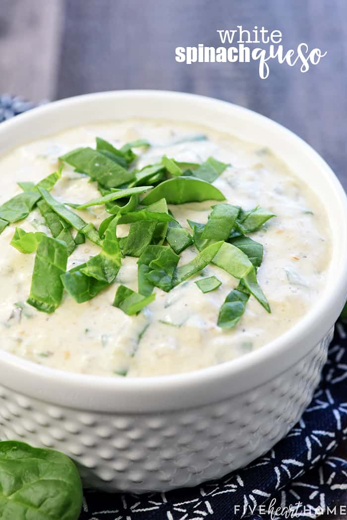 White Spinach Queso ~ a creamy, addictive, effortless dip made with four simple ingredients: cream cheese, Monterey Jack, salsa verde, & fresh chopped spinach! | FiveHeartHome.com