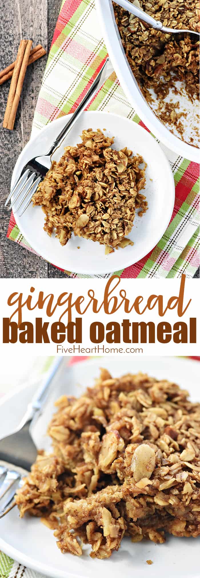 Gingerbread Baked Oatmeal ~ a wholesome, delicious, and easy to make recipe, with warm cozy spices that make it an ideal holiday or winter breakfast! | FiveHeartHome.com via @fivehearthome