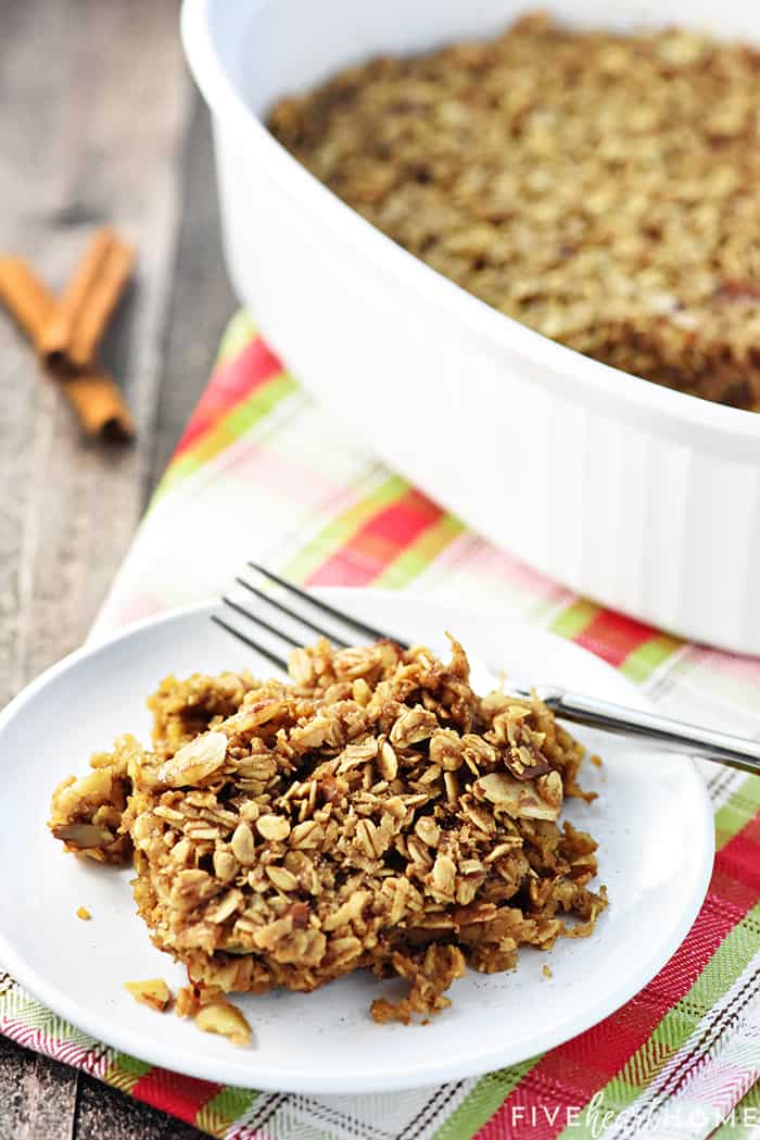 Serving of Gingerbread Oatmeal on White Plate with Fork 