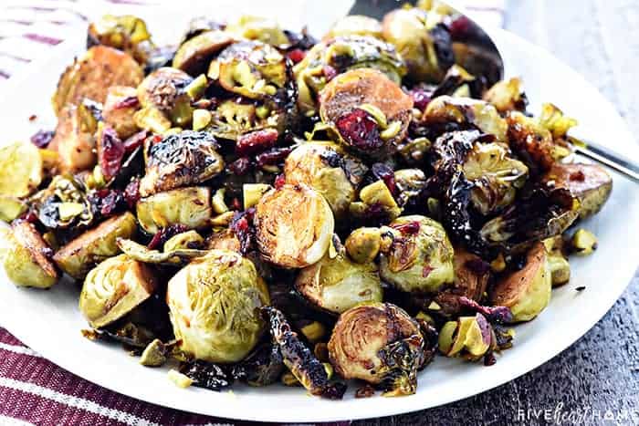 Balsamic Roasted Brussels Sprouts on white platter.