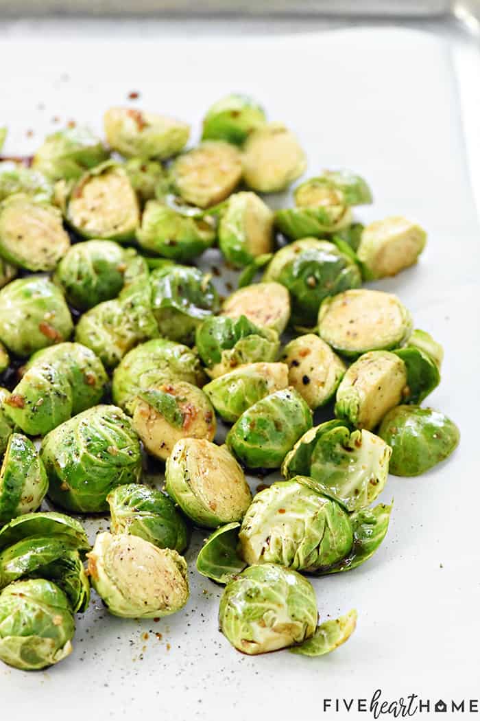 Balsamic Roasted Brussels Sprouts with Pistachios & Cranberries on baking sheet.