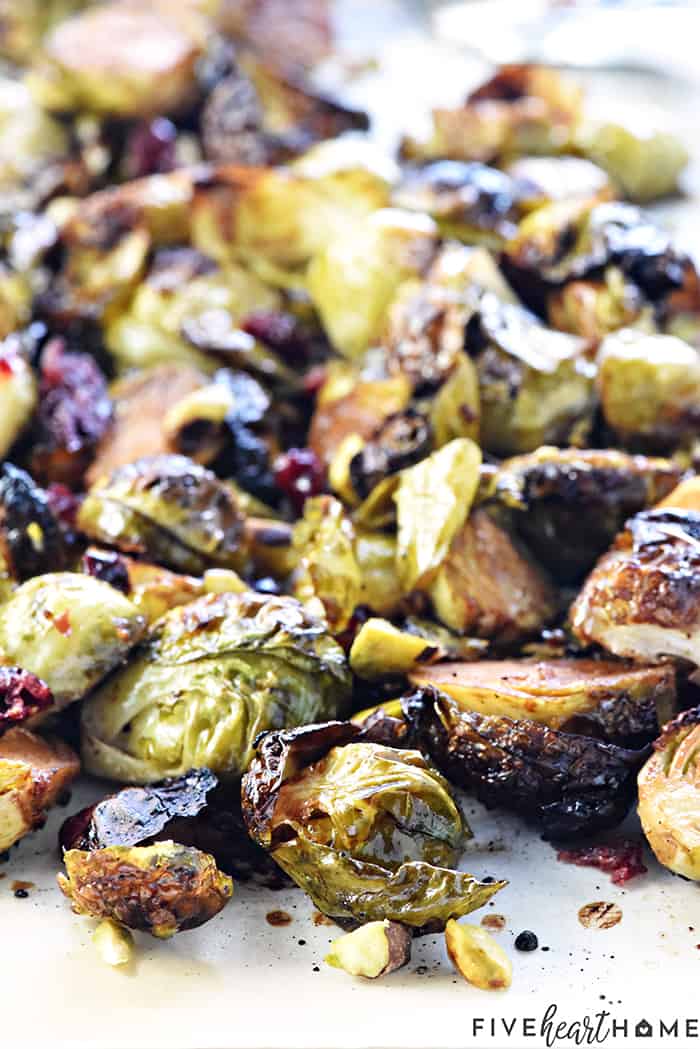 Balsamic Roasted Brussels Sprouts on sheet pan.