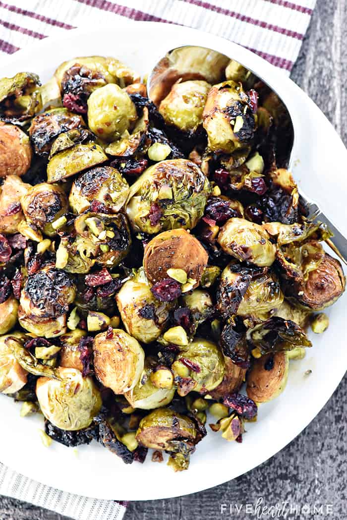 Aerial view of Balsamic Roasted Brussels Sprouts with Pistachios & Cranberries.