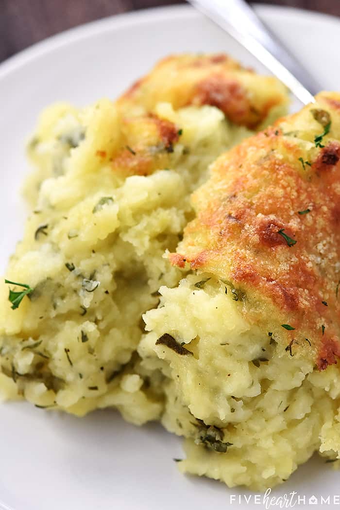 Close-up of Make Ahead Mashed Potatoes on plate.