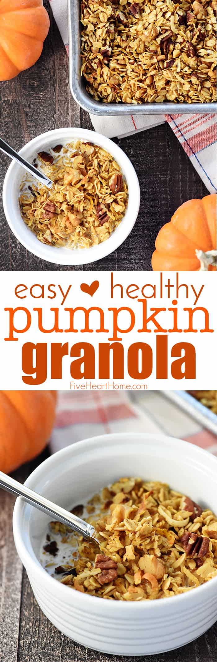 Healthy Pumpkin Granola ~ crunchy, golden, and easy to make, loaded with wholesome oats, toasty nuts, real pumpkin puree, coconut oil, maple syrup, & warm fall spices! | FiveHeartHome.com via @fivehearthome