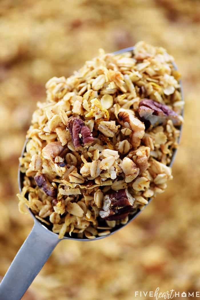 Healthy Pumpkin Granola ~ crunchy, golden, and easy to make, loaded with wholesome oats, toasty nuts, real pumpkin puree, coconut oil, maple syrup, & warm fall spices! | FiveHeartHome.com Close-Up of Easy Pumpkin Granola in Spoon
