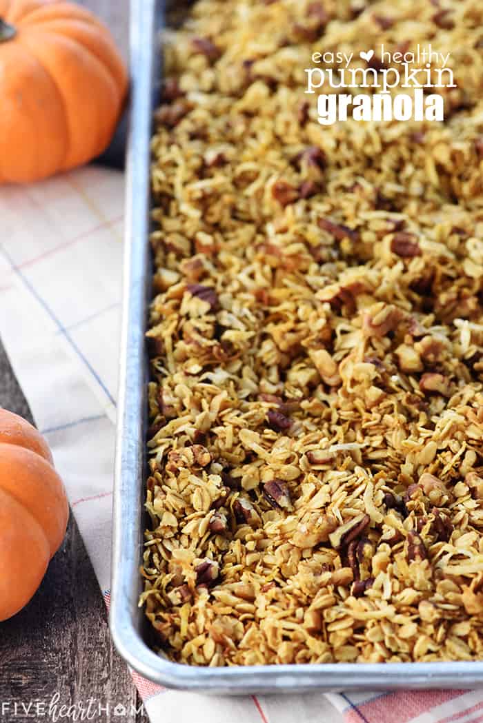 Healthy Pumpkin Granola Recipe ~ crunchy, golden, and easy to make, loaded with wholesome oats, toasty nuts, real pumpkin puree, coconut oil, maple syrup, & warm fall spices! | FiveHeartHome.com Healthy Pumpkin Granola Recipe with Text Overlay