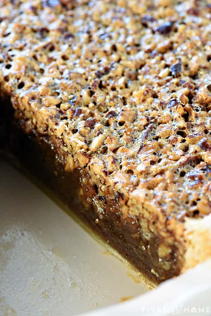 The BEST Pecan Pie ~ foolproof and perfect every time, with an abundance of toasty pecans floating on a thick, glossy filling in a flaky, all-butter pie crust! | FiveHeartHome.com Close-up of interior.