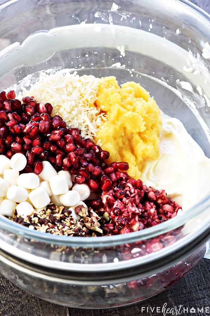 Bowl of ingredients including cranberries, pomegranate seeds, marshmallows, pineapple, coconut, nuts, & whipped cream.