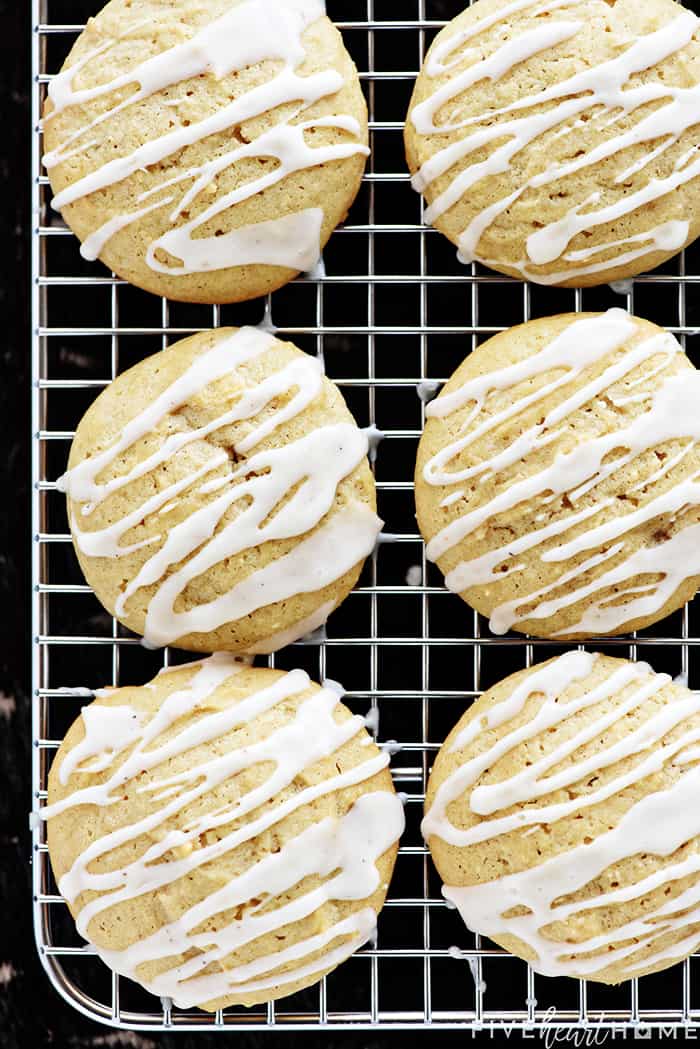Aerial view, drizzled with glaze on cooling rack.