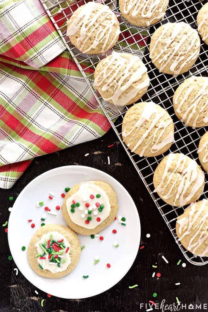 Aerial view of Eggnog Cookies on plate and rack.