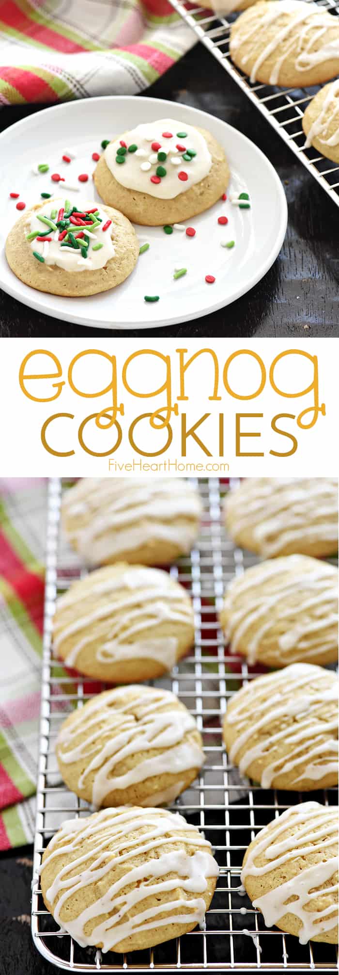 Eggnog Cookies ~ these Christmas cookies are soft, tender, and delicately flavored with eggnog and spices before being topped with a sweet eggnog glaze and festive Christmas sprinkles! | FiveHeartHome.com via @fivehearthome