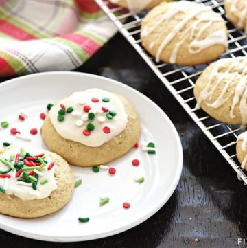 Eggnog Cookies ~ soft, tender, and delicately flavored with eggnog and spices before being topped with a sweet eggnog glaze and festive Christmas sprinkles! | FiveHeartHome.com