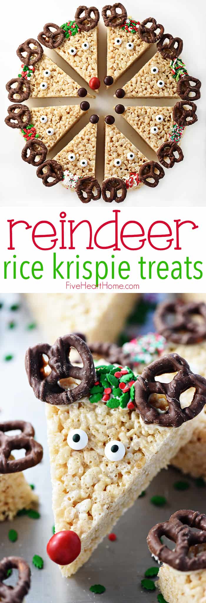 Reindeer Rice Krispie Treats ~ a cute, festive, and easy to make Christmas recipe that's a fun holiday project for the kids and a yummy treat to share with neighbors and friends! | FiveHeartHome.com via @fivehearthome