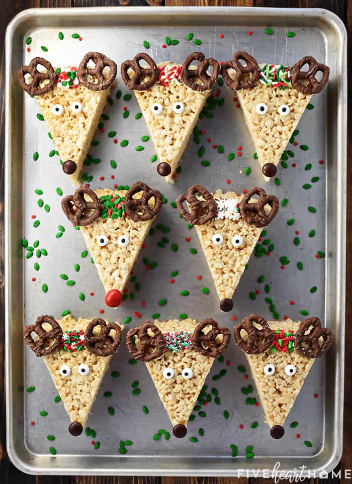 Christmas Rice Krispie Treats on baking sheet.