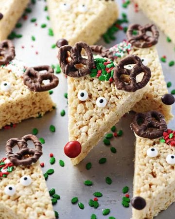 Reindeer Rice Krispie Treats arranged on baking sheet.