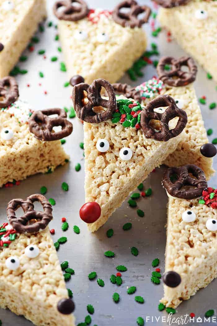 Christmas Rice Krispie Treats decorated as reindeer.