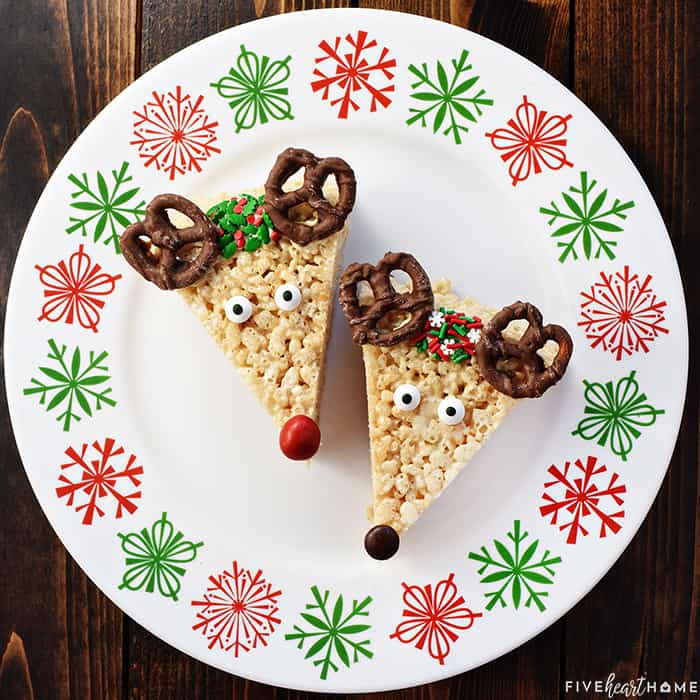 Aerial view of two Reindeer Rice Krispie Treats on a Christmas plate.