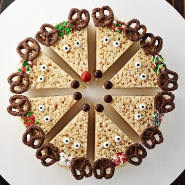 Aerial view of ring of Reindeer Rice Krispie Treats on a plate.