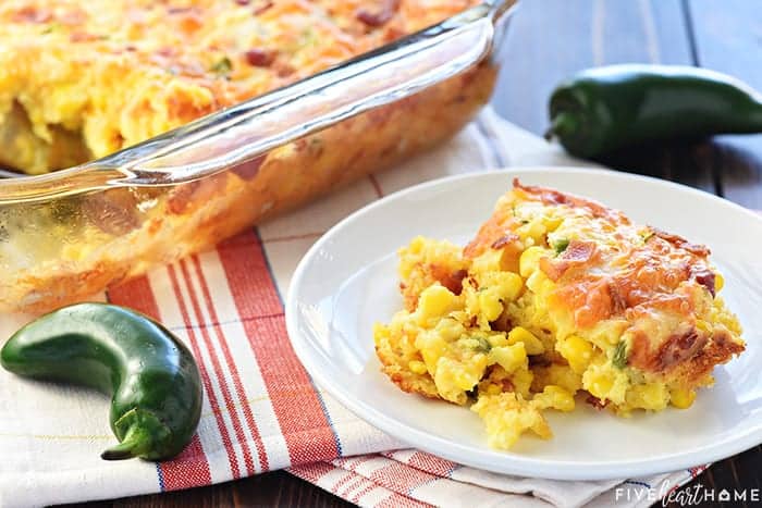 Ultimate Cornbread Casserole on plate and in baking dish.