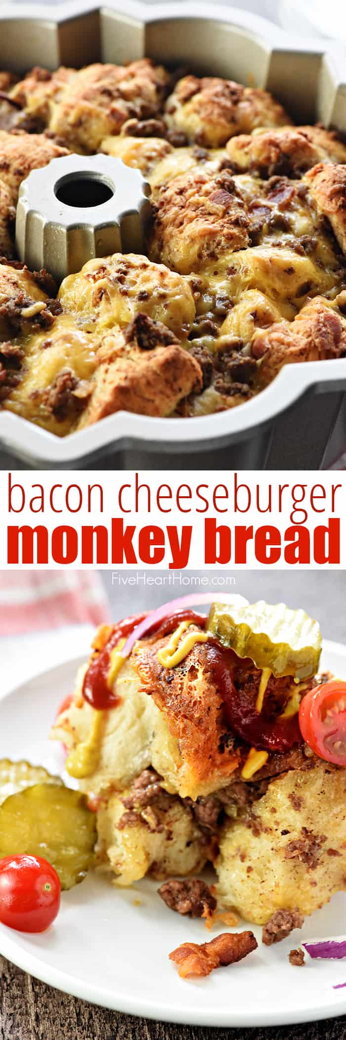 Bacon Cheeseburger Monkey Bread ~ loaded with ground beef, bacon, and cheddar, this gooey, savory, pull-apart recipe is a perfect appetizer for the Super Bowl or any party! | FiveHeartHome.com via @fivehearthome