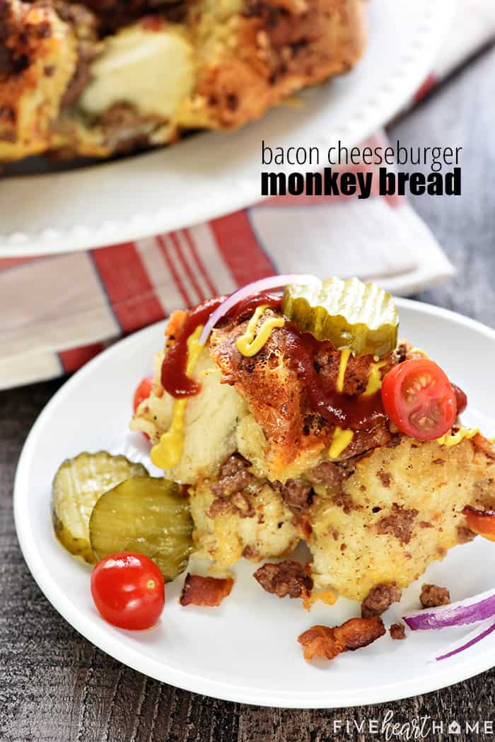 Bacon Cheeseburger Monkey Bread Recipe ~ loaded with ground beef, bacon, and cheddar, this gooey, savory, pull-apart snack is a perfect appetizer for the Super Bowl or any party! | FiveHeartHome.com