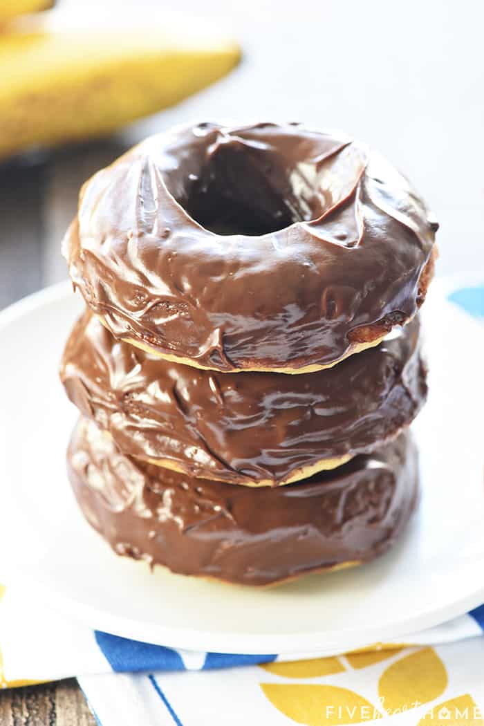 Stack of Banana Donuts with chocolate glaze