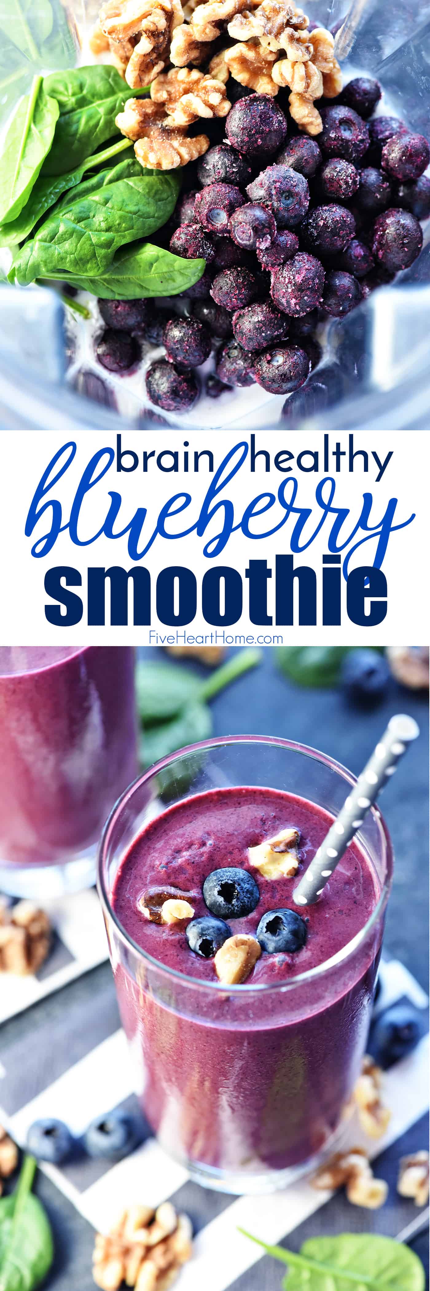 blueberries, walnuts, and spinach in a blender, and smoothie in a glass