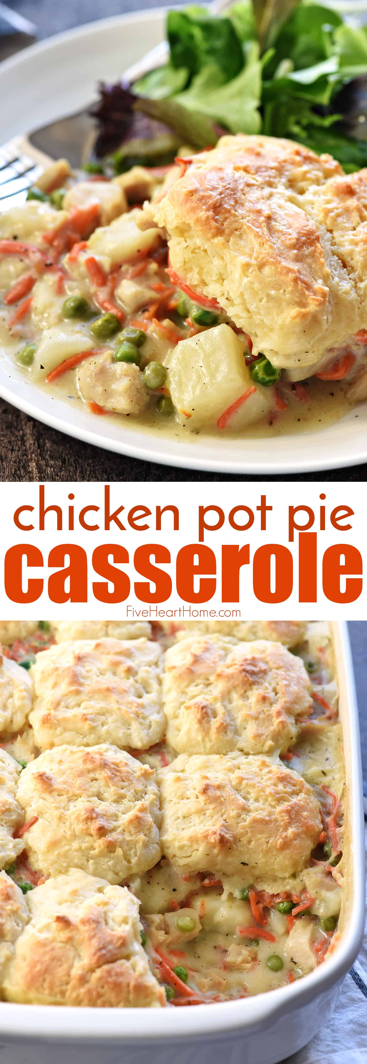 Chicken Pot Pie Casserole ~ this cozy, comfort food recipe features a classic, from-scratch filling of tender chicken, potatoes, carrots, and peas in a savory gravy topped with fluffy homemade drop biscuits! | FiveHeartHome.com via @fivehearthome