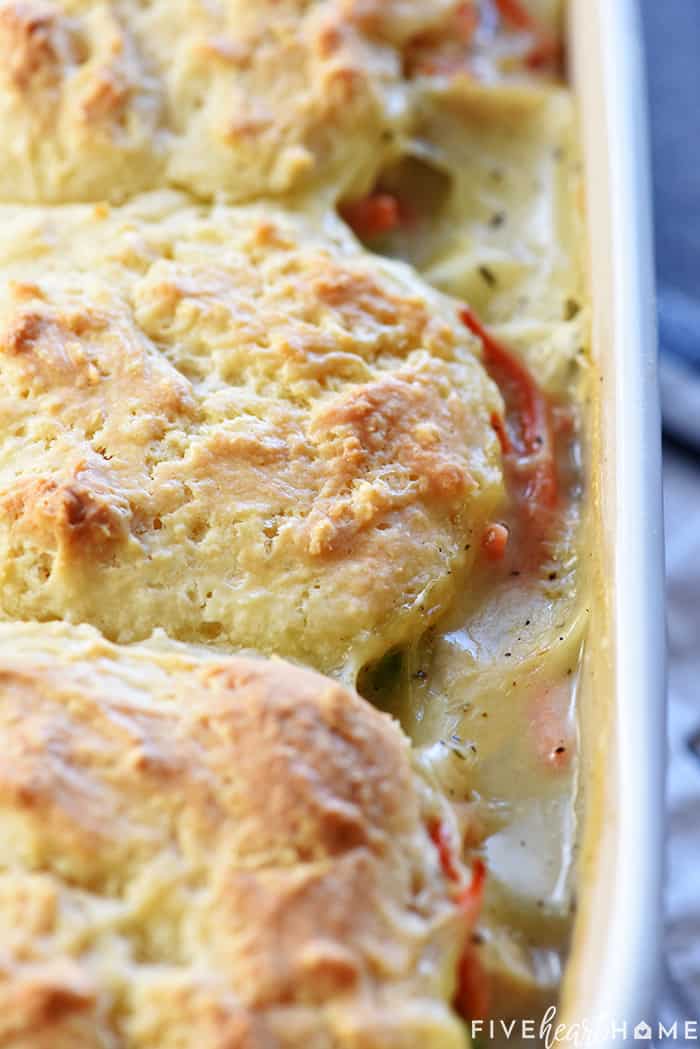 Chicken Pot Pie Casserole, close-up of biscuit topping.