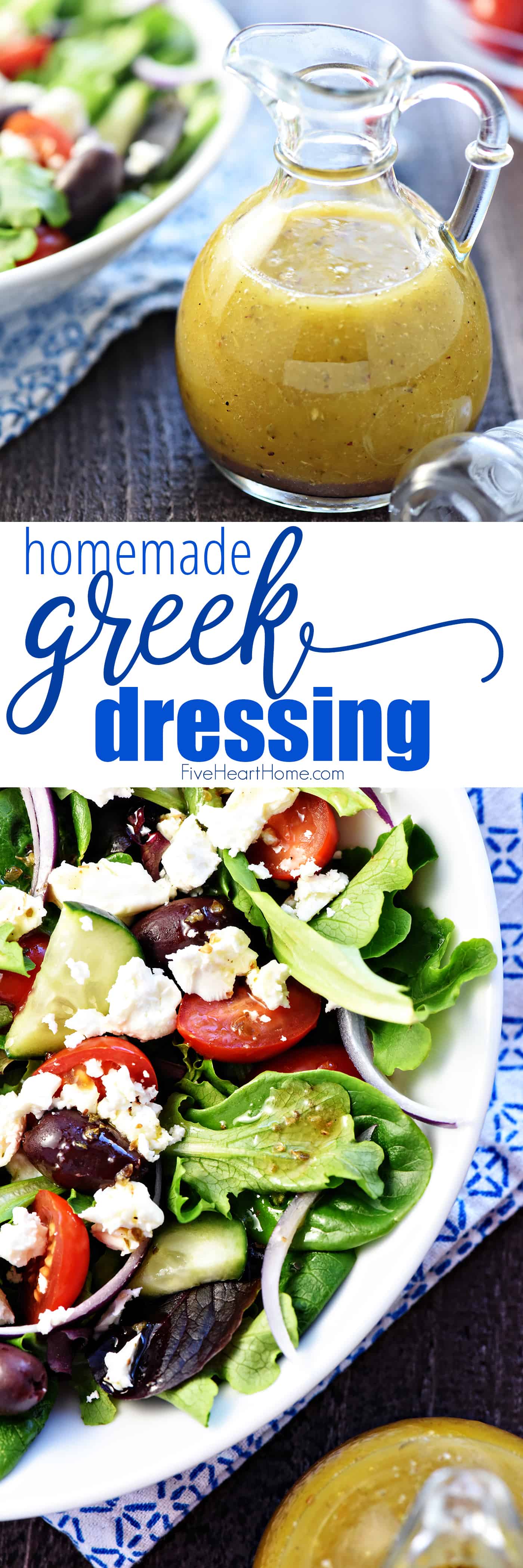 Greek Salad Dressing ~ tangy, easy to make, and absolutely delicious, this Greek dressing is perfect drizzled over a Greek salad, stirred into a pasta salad, or even used as a marinade! | FiveHeartHome.com via @fivehearthome