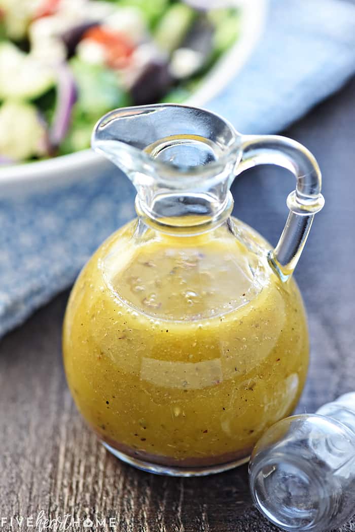 Close-up bottle of Greek Salad Dressing.