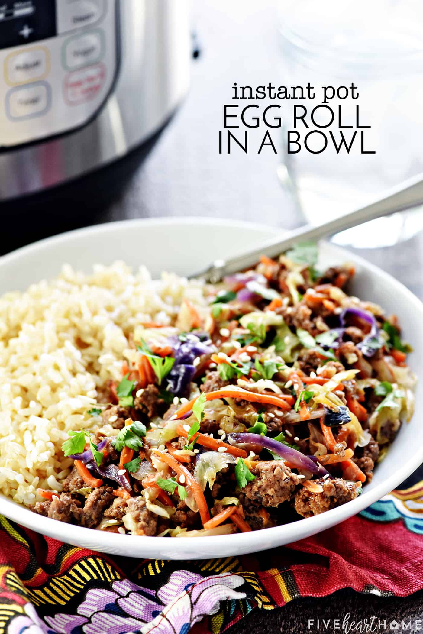 Instant Pot Egg Roll in a Bowl ~ a hearty, healthy, delicious recipe of egg roll "filling" without the wrapper, that effortlessly comes together in mere minutes in the pressure cooker! | FiveHeartHome.com